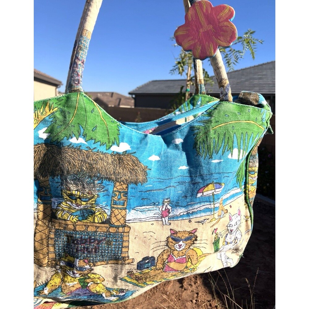 Large VTG Cappelli Straworld Beach Tote Tabby’s Hut Cats Playful